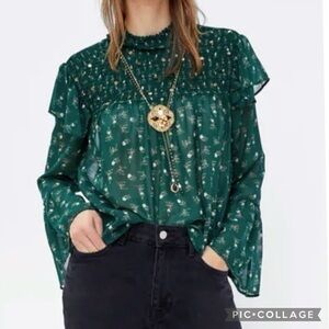 Zara Top Green Floral Smocked High Neck Long Sleeve Semi Sheer M Chic Preppy